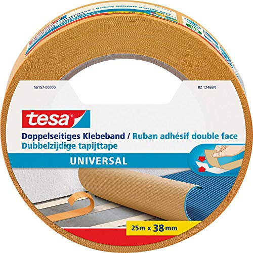 tesa Doppelseitiges Klebeband Universal - Vielseitiges Klebeband für Verpackungen, Deko und Teppiche oder zum Basteln - 25 m x 38 mm
