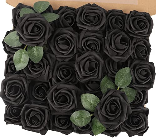 MACTING Artificial Black Rose Flowers 30PCS Real Touch Fake Flowers with Stem Foam Roses for DIY Wedding Bouquet Gifts Table Centerpieces Party Bridal Shower Home Spring Mothers Day Decorations