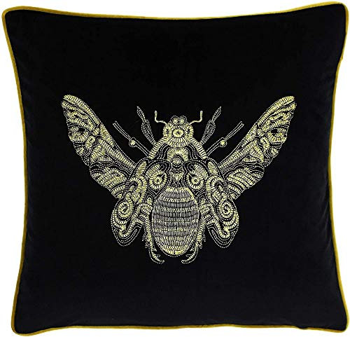 Paoletti Riva Cerana Cojín-Negro-Super Suave Terciopelo Tela-Bordados Diseño Abeja Oro Hilo Bordes-100% Poliéster-50 X 50Cm (20 X 20 Pulgadas), Poliéster, 50x50cm