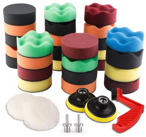 SPTA 34Pcs Éponge De Polissage Auto Polisseuse Voiture Kit avec M14 Drill Kit d'Adaptateur + Disque de Polissage + Brosse De Nettoyage pour RO/DA Double Action Polisseuse