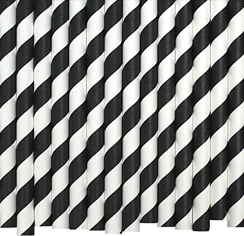 Black & White Striped Paper Straws (10mm x 200mm) - Pack Size 200 - FSC Certified/Food Safe/PFAS Free/Biodegradable/Eco-Friendly/Durable/Ideal for Milkshakes & Smoothies