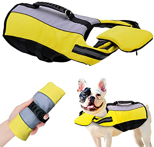 Giubbotto Salvagente per Cane, Gilet Pieghevole per La Vita del Cane,Airbag Portatile, Salvagente per Cani Riflettente con Manico per Cani Piccoli, Medi E Grandi per Soccorso in Mare,M