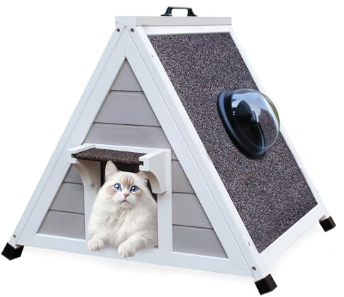 Deblue Weatherproof Cat House for Feral Cats, Outdoor Cat House for Small Cats, Unique Wooden Cat Shelter with Escape Door, Clear Window Fits for Small Pets - Grey