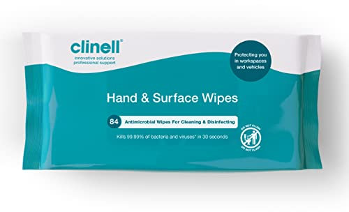 Clinell Antimicrobial Hand Wipes for Cleaning & Disinfecting - Sanitising Wipes, Ideal for Travel - Dermatologically Tested, Kills 99.99% of Bacteria & Viruses - 84 Wipes
