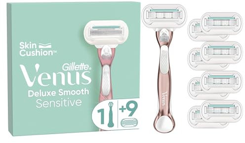 Gillette Venus Deluxe RASOIO DONNA Smooth Sensitive, 1 Manico e 9 LAMETTE DONNA da 5 Lame, Rasatura Veloce, Efficace e Profonda, Skin Cushion, idea regalo