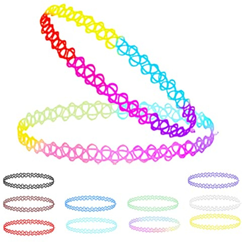 LJFEA 12 Pcs Choker Chaîne Ensemble, Ensemble Collier Tour de Cou, Collier Ras de Cou Fille, Collier Enfant Fille Fluo Look rétro des années 90, coloré, pour les tenues quotidiennes des filles