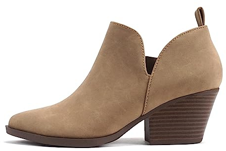 Soda “SECTORY” ~ Women Pointed Toe V-Cut Low Heel Ankle Bootie Shootie with Side Zipper (Latte Nubuck, us_footwear_size_system, adult, women, numeric, medium, numeric_8_point_5)