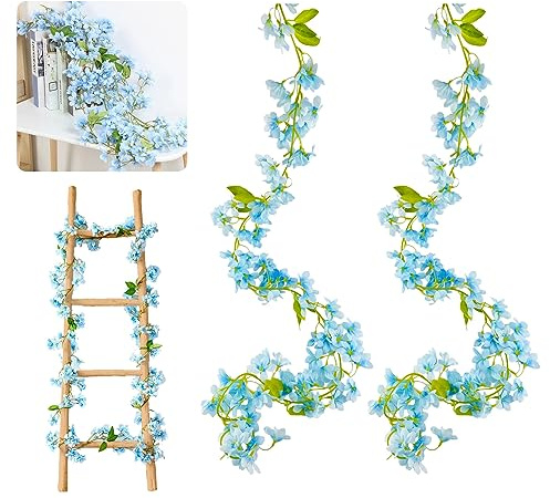 2 Stück Künstliche Kirschblüten Blumengirlande Blumenrebe Deko, 1,8m Künstliche Blumen Girlande Kirschblüten Blumenrebe Blau Kunstblumen Seidenblumen Blumengirlande Hängend für Party Wand Garten Deko