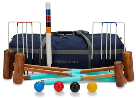 Uber Games Family Croquet Set Only - Contains 4 different sizes of mallets, 4 moulded plastic croquet balls, 6 steel hoops