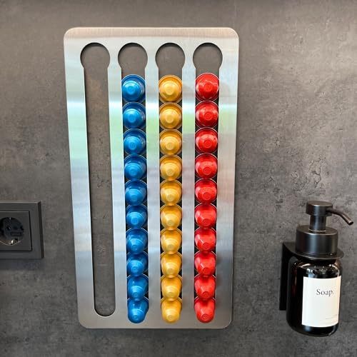 Kapselhalter Edelstahl für Nespresso Original, Wandmontage, zum Kleben | Wandmontage ohne Bohren, selbstklebend, Kapselspender passend für Nespresso Original Kapseln