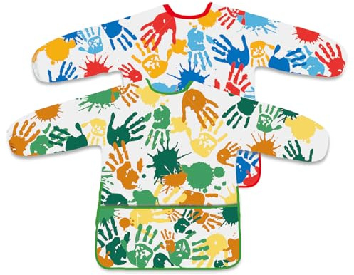 BOUBONI 2 Pcs Kids Art Smock Painting Toddler Smock Long Sleeve with 3 Pockets for Kids Art Painting Activity Kitchen Crafts (Red, Green)