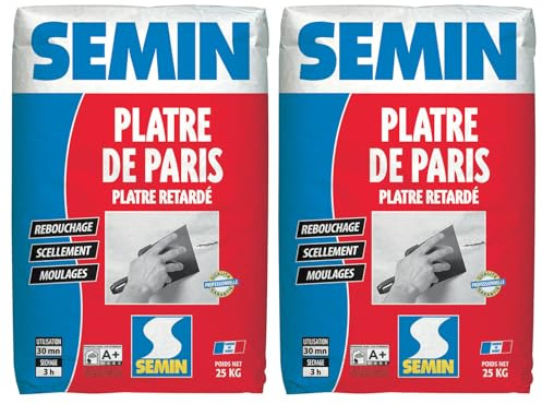 SEMIN Plâtre de Paris 25 kg - Plâtre Naturel Extra Fin - Moulages, Scellements, Rebouchage et Réparations Intérieures - Séchage Rapide 3h - Finition Blanche - Fabriqué en France - Lot de 2