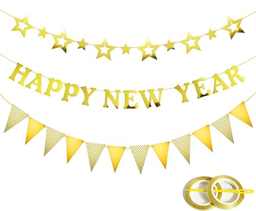 Koliphy Silvester Deko 2026 Neujahrs Dekoration, 2026 Happy New Year Girlande Silvester Party Hintergrund Deko, Silvesterparty für Drinnen Draußen (Gold)