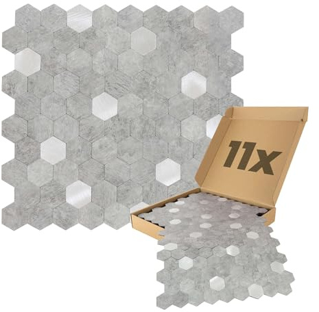 Dalsys Wandpaneele selbstklebend, Hexagon Muster 0,88m², 11 Stück Hellgrau Silber Wandverkleidung feuchtigskeitsbeständig, Premium Qualität für Bad und Küche