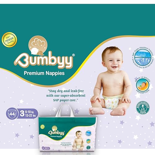 Pañales para bebé, tamaño 3 Bumbyy 44 unidades, ultra absorbentes, suaves y finos, a prueba de fugas, para piel sensible, hipoalergénicos y dermatológicamente probados, pañales secos para bebés de 12