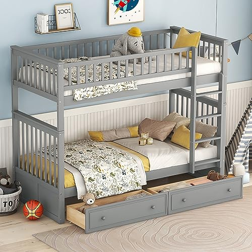 Becag Kinderbett Etagenbett 90x200 für 2 Kinder, Hausbett Hochbett mit Leiter & Schubladen Stauraum, Holzbett Bettgestell mit Rausfallschutz & Lattenrost, 2 Einzelbett Holzrahmen, Ohne Matratze (Grau)