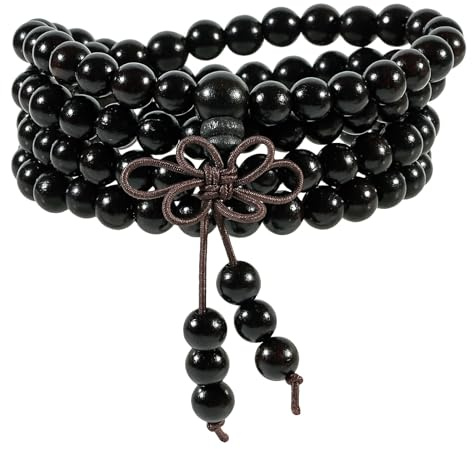 Nupuyai Bracelet mala en bois 108 perles pour homme et femme - Chapelet bouddhiste - Bracelet tibétain enroulé - Bijoux Reiki pour femme, 6 mm, Ébène noir
