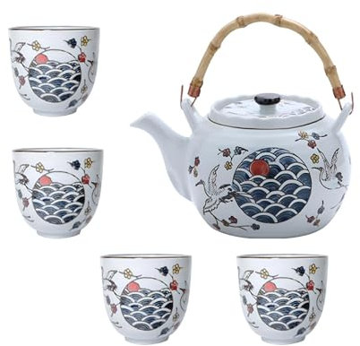YoeEoay Japanisches Porzellan-Teeservice Weiß Mit Blauem Rotkronenkranich-Muster - Teekanne Mit Rattan-Griff, 4 Teetassen - Traditionelles Japanisches Blau-Weiß Tee Set Für Teeliebhaber