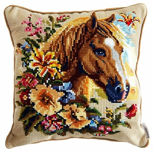 kitphoenix Kit de Coussin avec Crochet à Loquet Cheval Kit Coussin au Point Noué, 43×43CM création de Tapis et Canvas, Kit Tapis Point Noué,Tapis Point Noué Kit