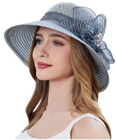 Sonnenhut Damen Sommer Strohhut Damenhut Elegant Organza Kirche Fascinator Braut Hochzeit Sonnenhüte Strandhut Sonnenschutz breiter Krempe Sommerhut mit Blume UV-Schutz Sommermütze Urlaub Strandmütze