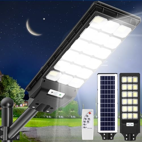 Lampadaire solaire à LED avec télécommande - 600 W 6500 K - Avec détecteur de mouvement - Crépuscule à l'aube - IP65 - Étanche - Pour rue, garage