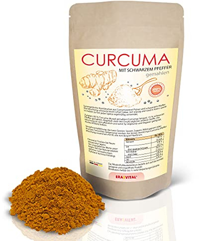 Kurkuma (Curcuma) mit schwarzem Pfefferpulver 500 g - gentechnikfrei glutenfrei vegan vegetarisch allergiefreundlich, in wiederverschließbaren Standbeutel, aus 100% recycelbarem Material (500)