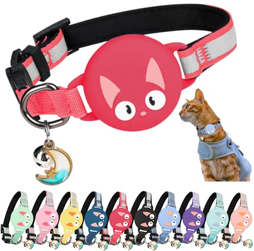 Kittytag Katzenhalsband mit Zubehör, kompatibel mit Apple Airtag, reflektierend und Leuchtend, GPS, Katze mit Anti-Drosselung, verstellbar, GPS Airtag Nicht im Lieferumfang enthalten (rot)