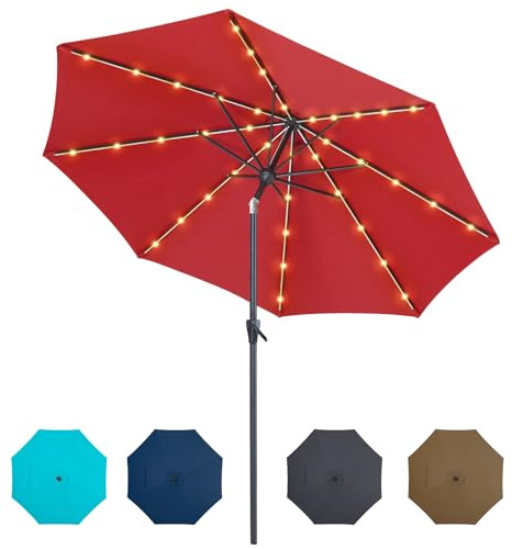 Tempera 9ft Patio LED Umbrella with light | Solar Outdoor Umbrella | Market Table Parasol with Push Button Tilt and Crank, with Sturdy Pole&Fade resistant canopy,Easy to set