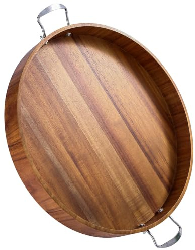 Large Round Tray 20 Round Wooden Tray Ottoman Tray with Handles Elegance and Easy to Pick Up, Tray for Ottoman Wood Serving Tray Decorative Trays for Daily Use and Party with Friends and Family
