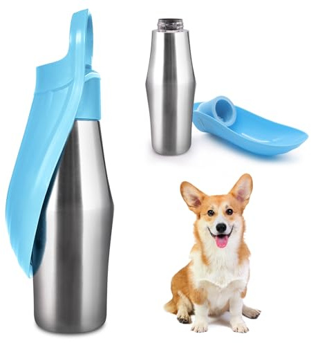BORDEAG Hundetrinkflasche Für Hund, 750ml Edelstahl Trinkflasche Hunde, 180° Faltbar, Tragbare Wasserflasche Für Spazieren, Parks, Camping (Blau, A)