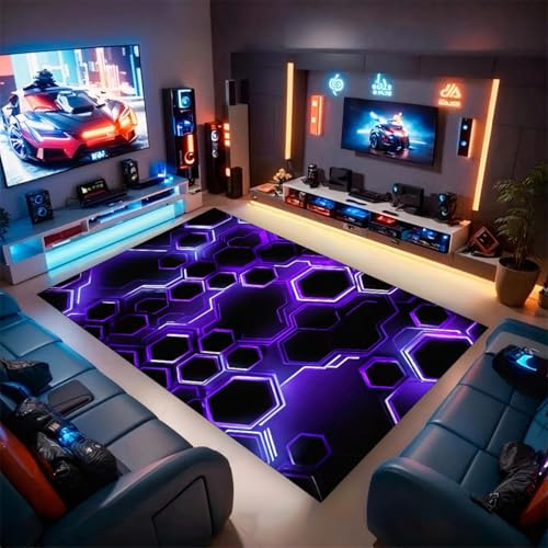 PEIHUODAN Gaming-Teppich Mit Neonfarbenem Wabenmuster für Jungenzimmer, Rutschfester Kinderzimmer-Teppich, Dekoration für Gaming-Zimmer (Lila,120x160cm)