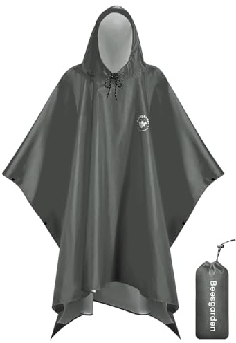 Beesgarden regnponcho för kvinnor, vattentätt, lätt, vattenbeständigt, med huva, 3 i 1, multifunktionell, vikbar, skyddsduk för utomhusaktiviteter, camping, vandring, Grå, 30-32