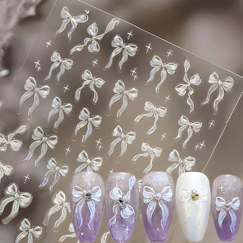 Weiß Schleife Nagelsticker Relief Ribbon Bow Nail Sticker Weichkleber Gelee Bögen Nagelaufkleber Laser Stern Schleifenknoten Nagel Sticker Muschel Licht Schleifen Nagel Stickers Nageldesign