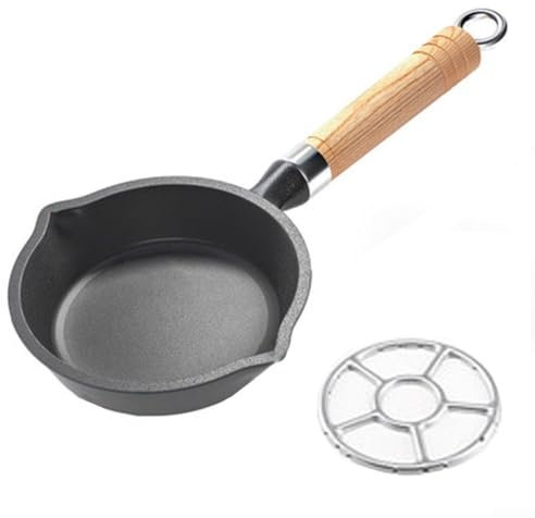 ZiStarlilife Frying Pan Cast Iron Mini Skillet 10 Cm Non-Stick Small Egg Pan, Kitchen Cooking Tool, Wood Handle Oil Dispensing Pot, For Home Cooking Marinating Sauce Serving Heat Resistant(D15CM)
