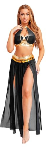Miaeowve Bauchtänzerin Kostüm Damen Arabisch Belly Dance Outfit Neckholder Tanz Top Kurz BH Oberteil Metallic Spleiß Schlitz Rock Maxirock Inderin Faschingskostüm