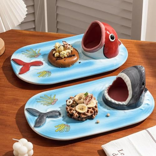 Shark Sushi Plate,Shark Ceramic Sushi Plate,Creative Shark Shaped Serving Platter,Hand-Painted Food Serving Tray with Soy Sauce Bowl and Chopstick Holder,Sushi Dishes Gifts for Shark Party Lovers