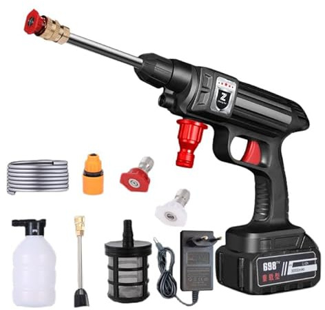 Pulitore ad alta pressione senza fill, 21 V 60 bar, pulitore ad alta pressione portatile con batteria 3000 mAh, ugello regolabile 6 in 1, tubo 5 m, spruzzatore di schiuma, per pulire le auto