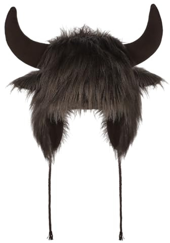 SIQITECHUK Furry Faux Fur Horn Hats Animal Trapper Hat for Women Men Cow Ox Buffalo Ears Winter Warm Hat with Earmuff Devil Horn Beanies Cap for Halloween Festival Carnival Cosplay