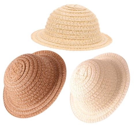 ERINGOGO Mini Sombreros de Paja para Muñecas 3 Piezas (Beige Claro, Beige, Café) Accesorios para Fotos, Decoración Artesanal, Complemento para Juego Infantil