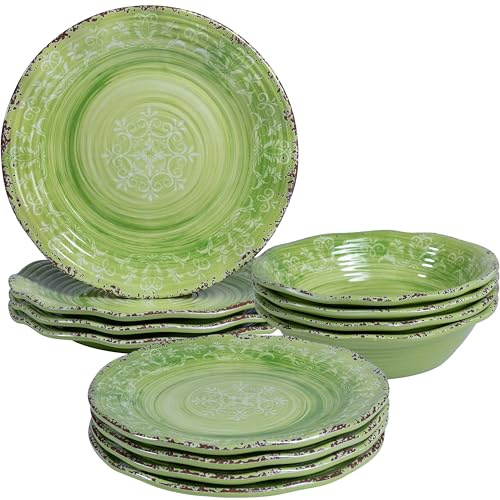 LEHAHA Unbreakable Melamine Dishes Dinnerware Sets, 12 Piece Luxury Thick but Lightweight Farmhouse Plates and Bowls Set for Spring Summer Picnic, RV, Camping & Everyday Use, Service for 4, Green