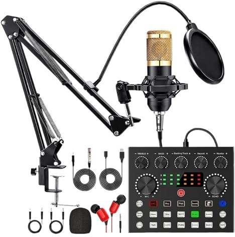 Podcast Equipment Bundle With BM800 Microphone And V8 Sound Card For Laptop Streaming/Live Broadcast Lossless Sound Quality(Gold)