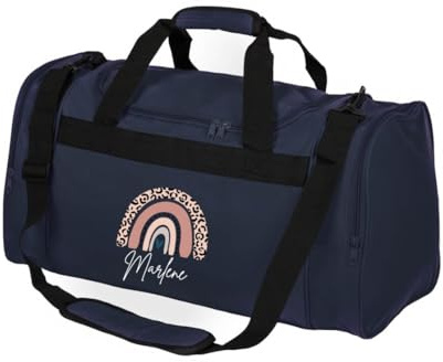 minimutz Kindersporttasche personalisiert Regenbogen, Reisetasche Mädchen groß, Sporttasche Rainbow Leo-Print Kinder mit Name 26L (dunkelblau)