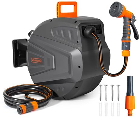 VonHaus Hose Reel 20m - Wall Mounted Hose Reel for Garden, Retractable, Auto Lock and Auto Rewind, Includes Wall Fixings and 9 Function Spray Gun, 180° Pivot Swivelling, Long Reach, Outdoor Watering | Retractable, Auto Lock and Auto Rewind, Includes Wall Fixings and 9 Function Spray Gun, 180° Pivot Swivelling, Long Reach