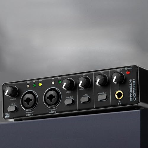 Vroomoto Interface Audio USB Carte Son RHM 2 Entrées 2 Sorties Mélangeur Audio et Préamplificateur Micro pour Enregistrement Professionnel Ports XLR/TSR/TS Guitariste Chanteur Pod