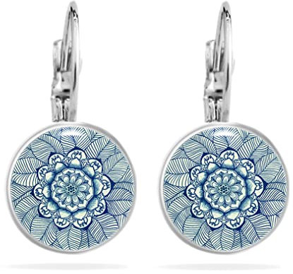 Ausgefallene Ohrringe Damen Teenager Mädchen Hängend Handmade Boho Vintage Blume Des Lebens Mandala Ornament Edelstahl Cabochon Geschenk für Freundin Nickelfrei Hypoallergen Blau Silber