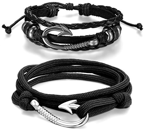 Aroncent 2PCS Lederarmband Set Edelstahl Leder Geflochten Biker Armband Armreif Wickelarmband schwarz mit Magnetverschluss