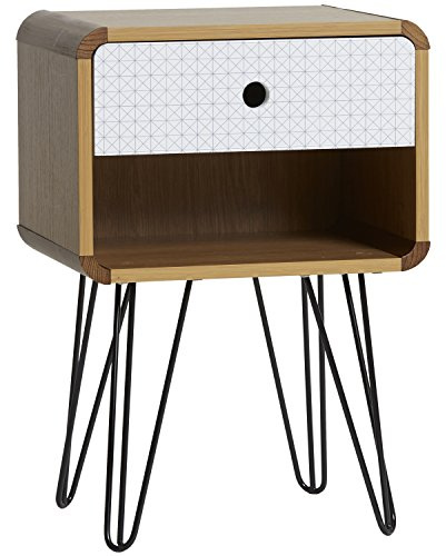VS Venta-stock Mesita de Noche Buda 1 Cajón, Color Roble, Patas de Metal en Negro