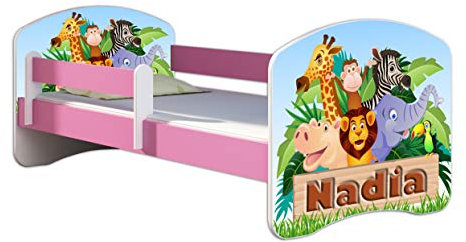 Kinderbett Jugendbett mit einer Schublade und Matratze Rausfallschutz Rosa 70 x 140 80 x 160 80 x 180 ACMA II (02N Animals name, 80 x 160 cm)