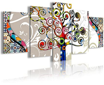 Dekoarte 482 - Quadro moderno su tela montato su telaio in legno di 5 pezzi XXL, stile astratto L'albero della vita 200x100cm