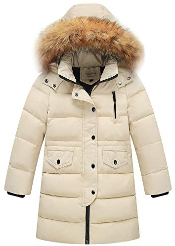 amropi Enfant Fille Parka Veste Manteau Longue Blouson Epaisse Manteau à Capuche Fourrure Chaud Hiver (Beige, 9-10 Ans)